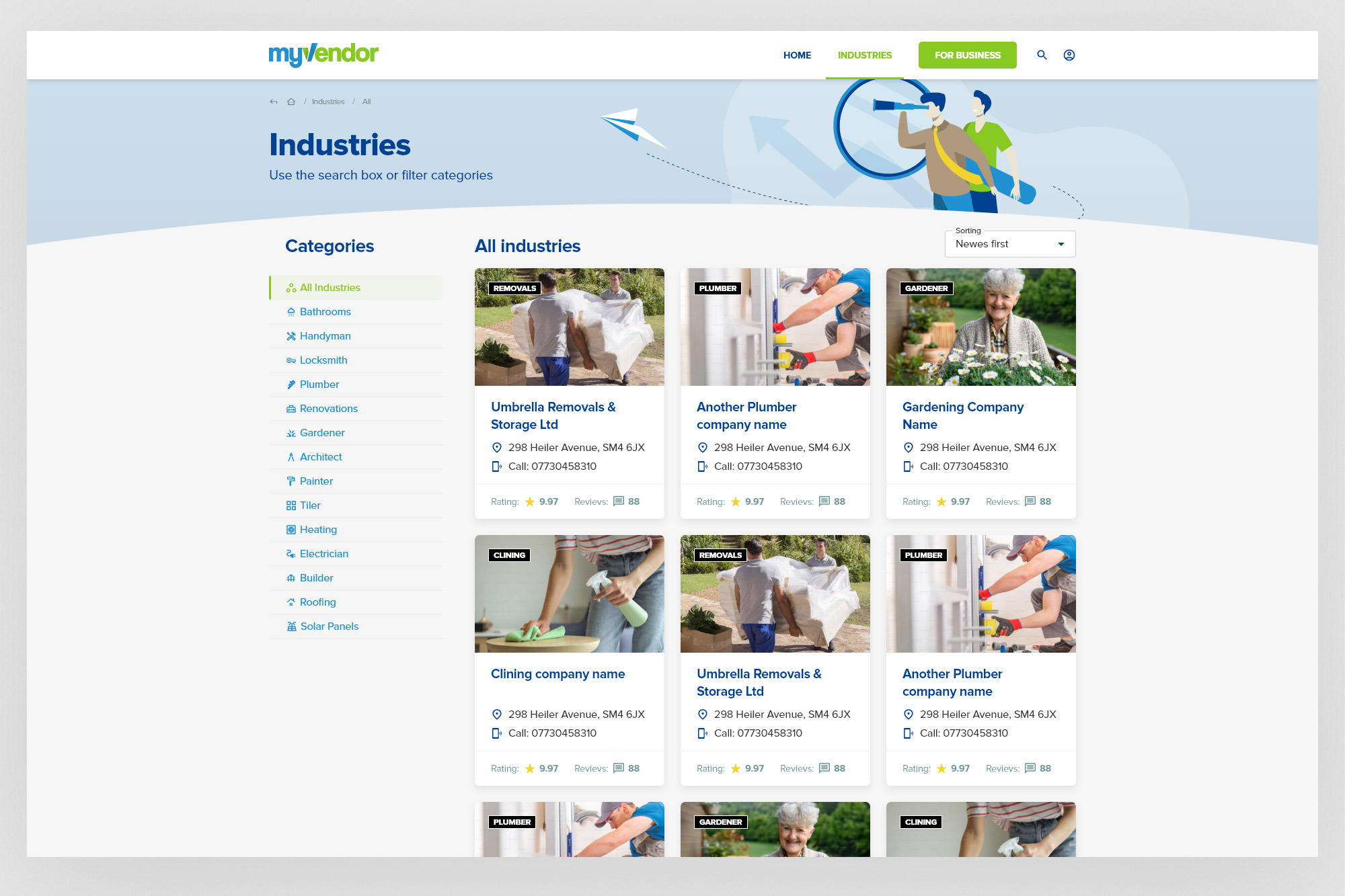 myvendor – Industries directory with category sidebar and company card grid