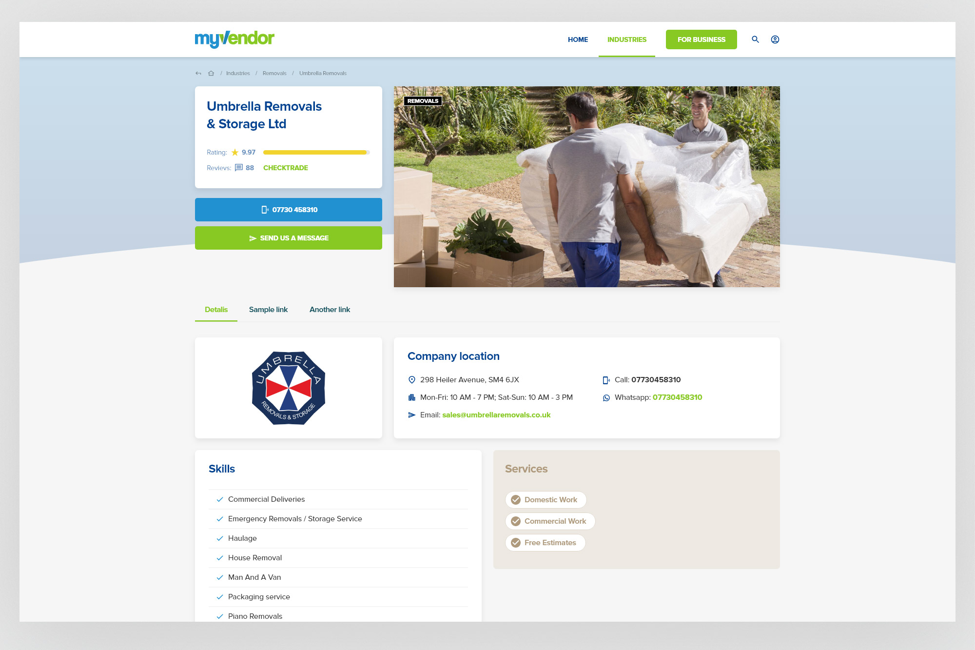 myvendor – company profile page, header and detail sections
