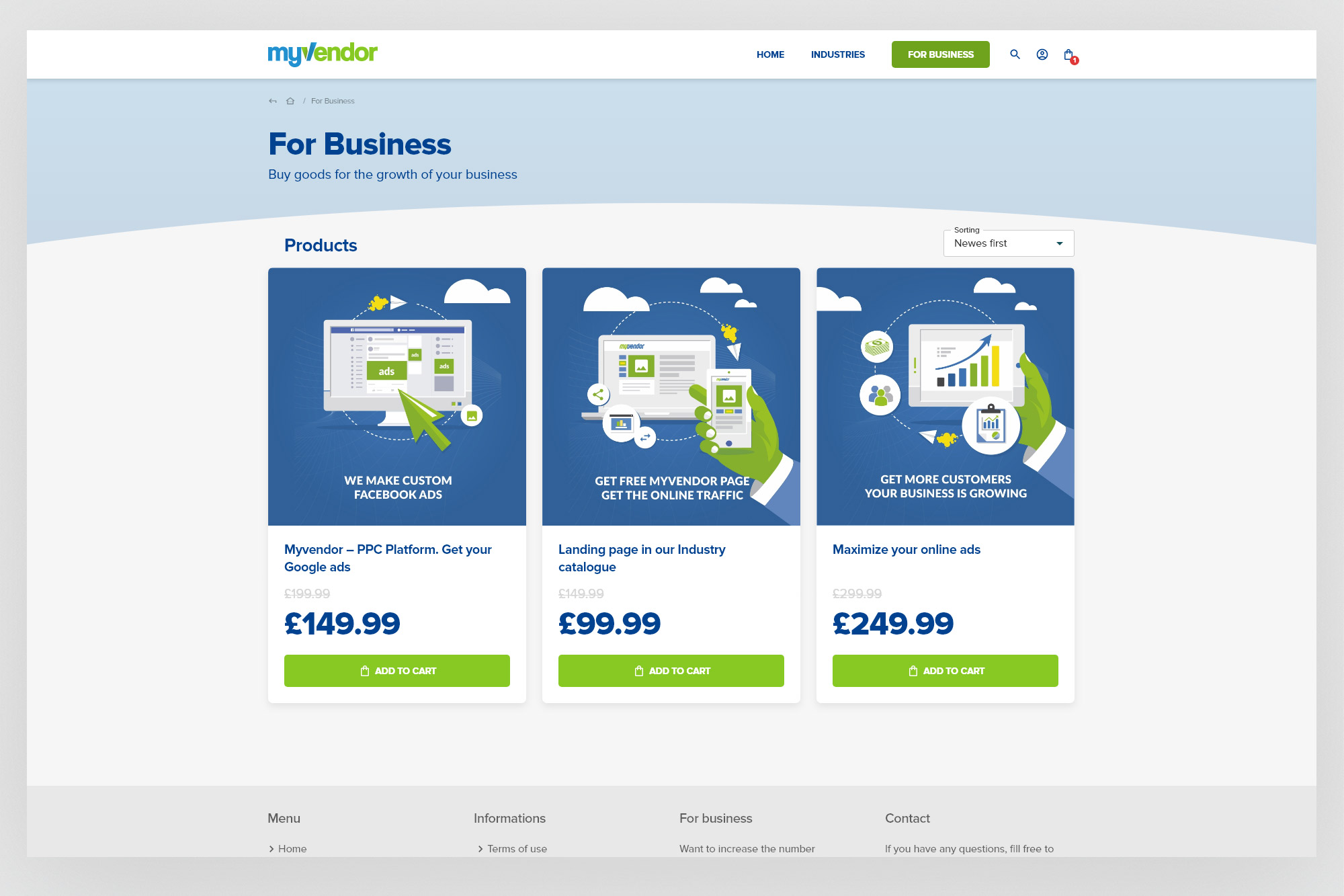 myvendor – For Business products page with three pricing cards