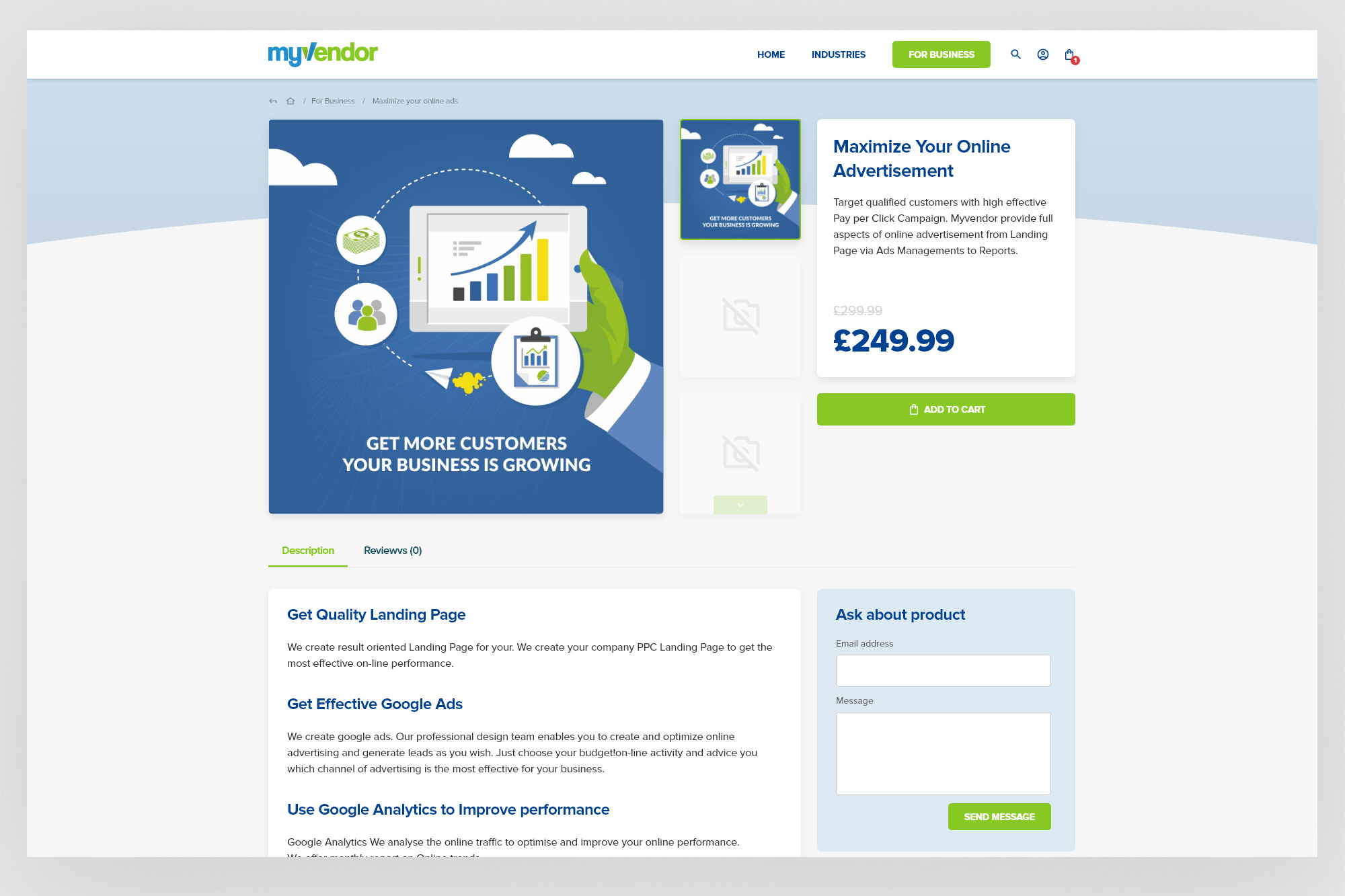 myvendor – advertising product detail page for £249.99 social ads package